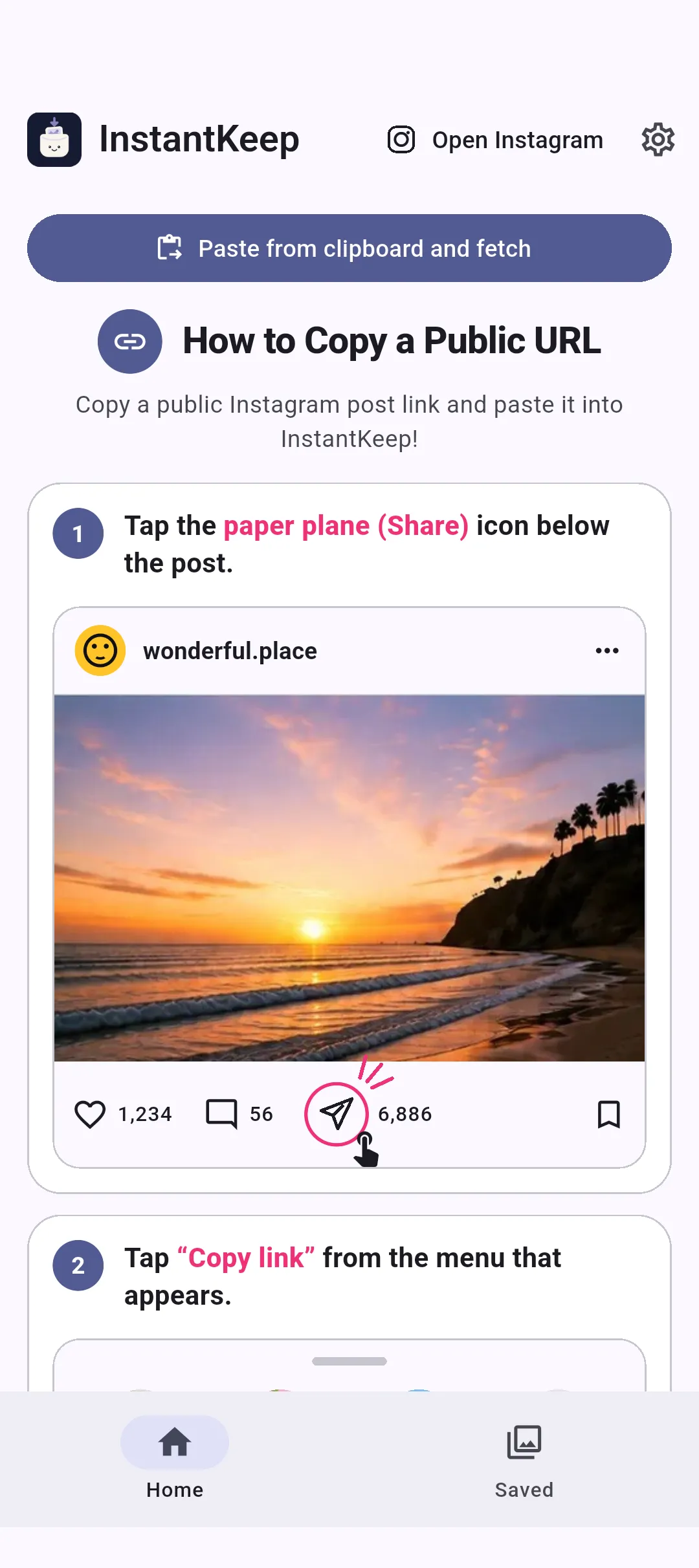 Home screen for pasting a link from the clipboard