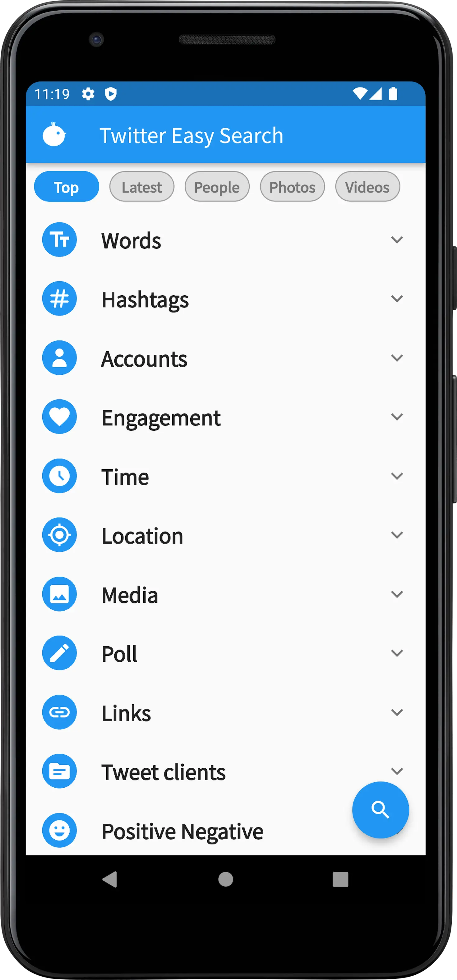 twitter easy search app. The menu is listed up.
